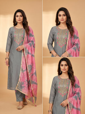 Grey Festive Wear Floral Handwork Modal Chanderi Dress Material - Image 1