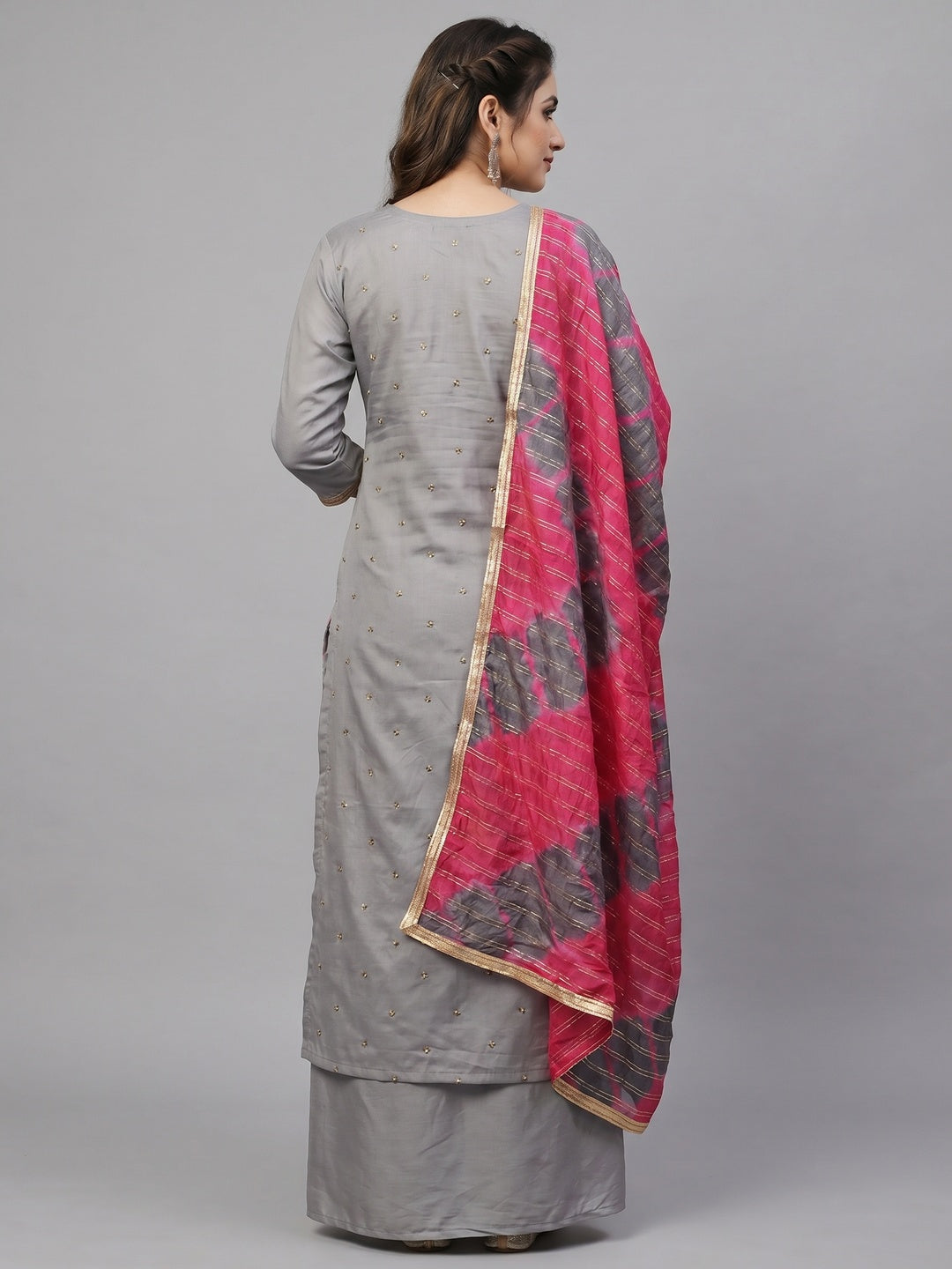Grey Festive Wear Floral Handwork Modal Chanderi Dress Material - Image 3