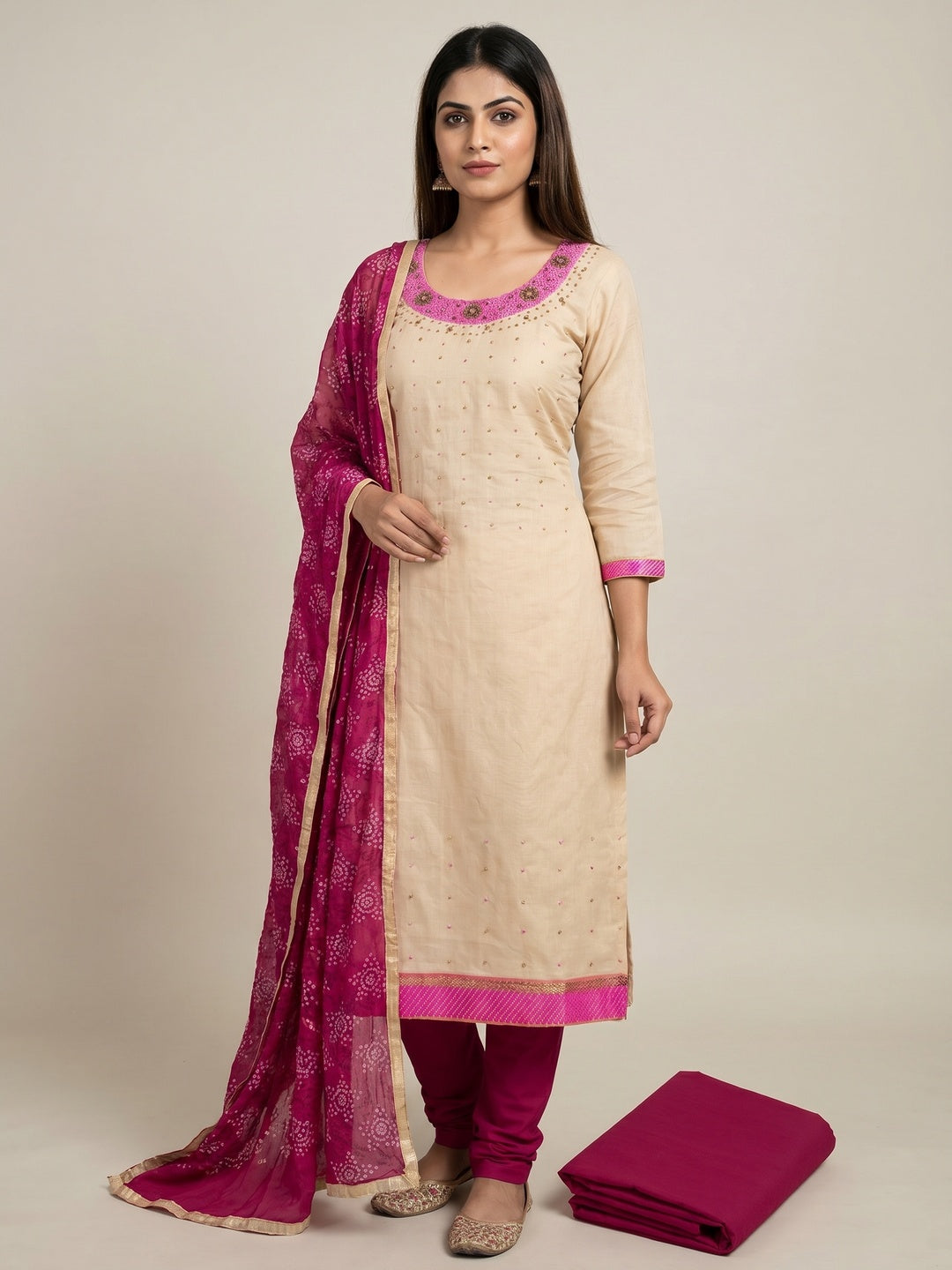 Beige Festive Wear Embroidered Cotton Dress Material - Image 1