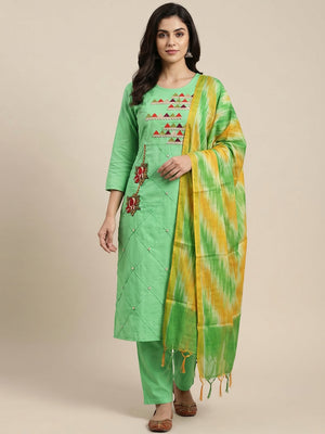 Green Festive Wear Embroidered Cotton Dress Material - Image 1
