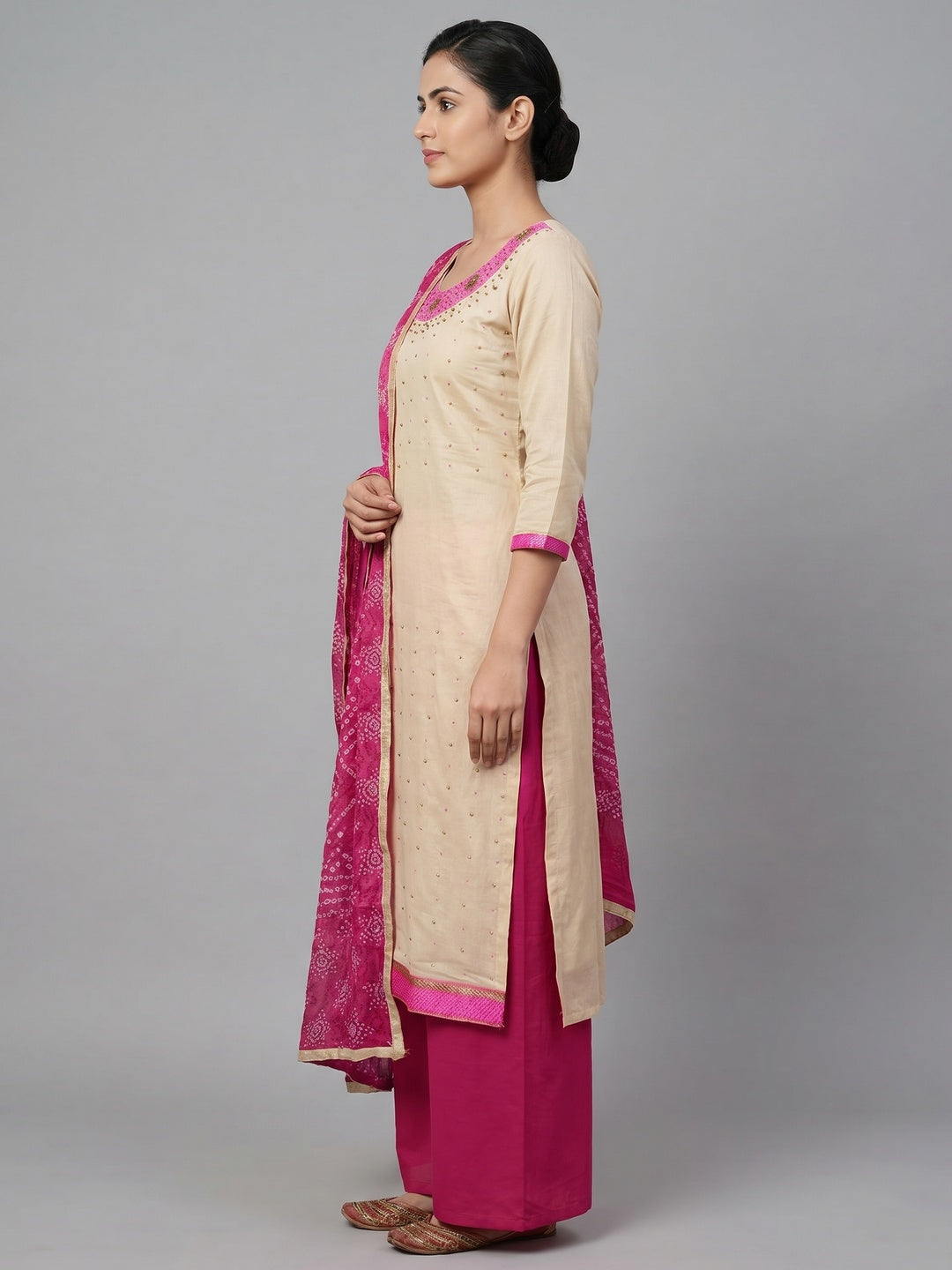 Beige Festive Wear Embroidered Cotton Dress Material - Image 3