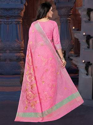 Pink Casual Wear Embroidered Supernet Saree - Image 1