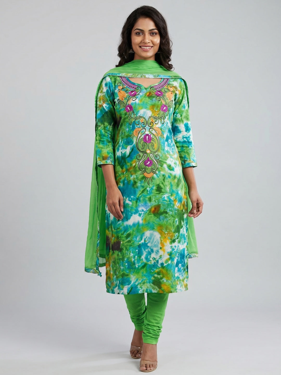 Green Casual Wear Embroidered Cotton Dress Material - Image 1