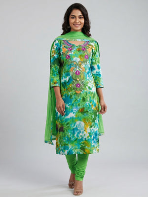 Green Casual Wear Embroidered Cotton Dress Material - Image 1