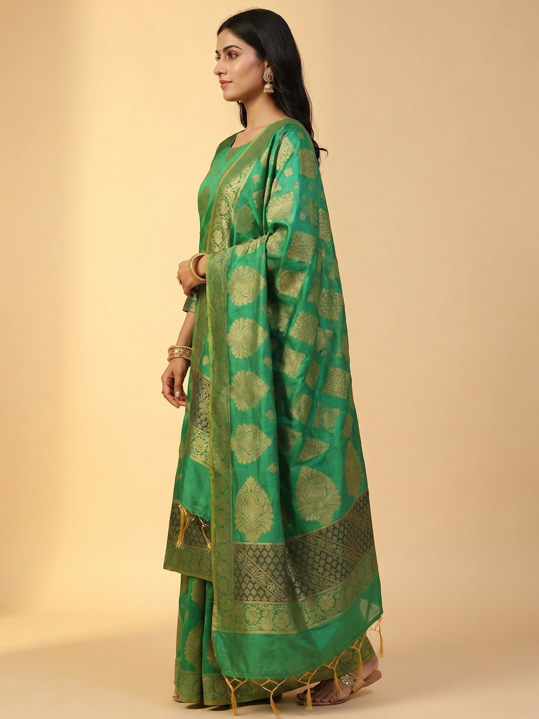 Green Festive Wear Woven Jacquard Banarasi Silk Dress Material - Image 3