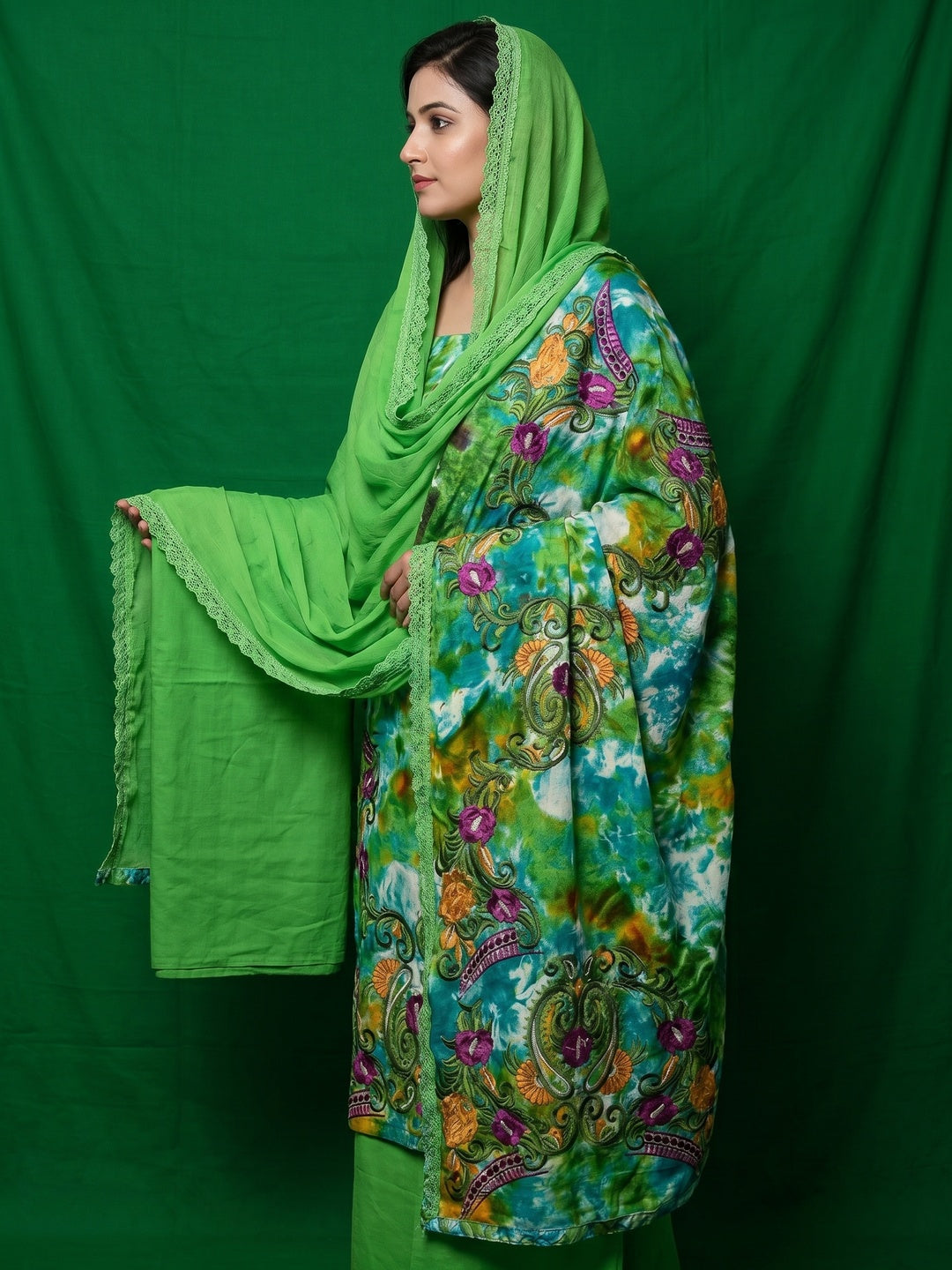 Green Casual Wear Embroidered Cotton Dress Material - Image 3