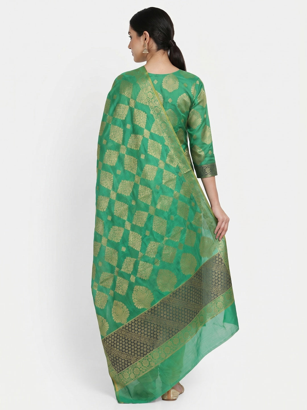Green Festive Wear Woven Jacquard Banarasi Silk Dress Material - Image 2