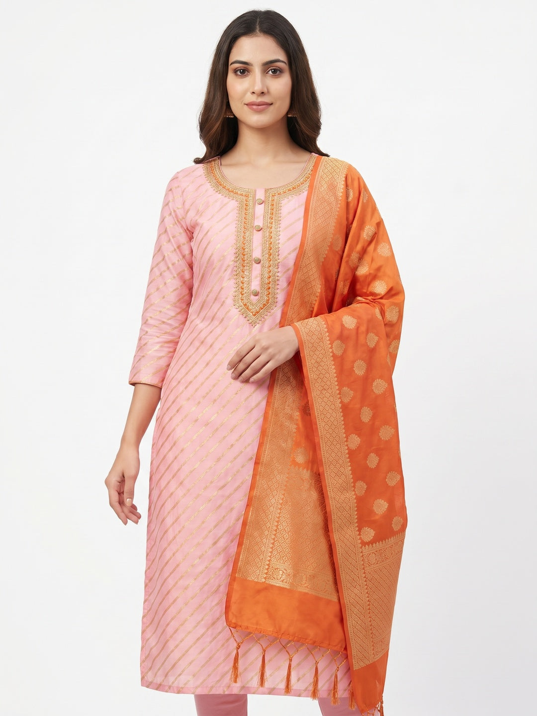 Light Pink Festive Wear Lehriya Designer Woven Banarasi Silk Dress Material - Image 1