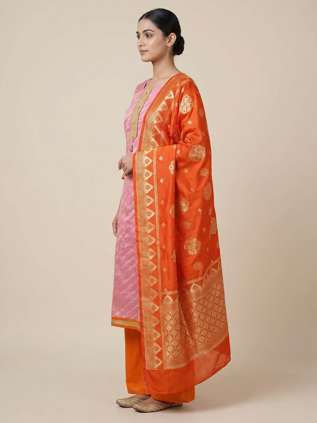 Light Pink Festive Wear Lehriya Designer Woven Banarasi Silk Dress Material - Image 2