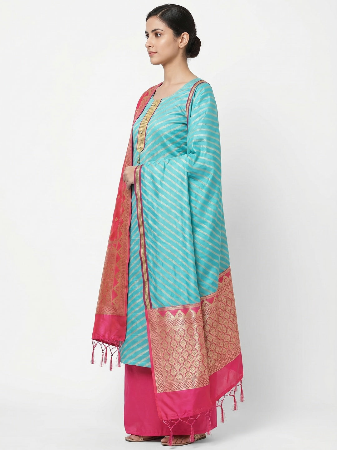 Sky Blue Festive Wear Lehriya Designer Woven Banarasi Silk Dress Material - Image 3