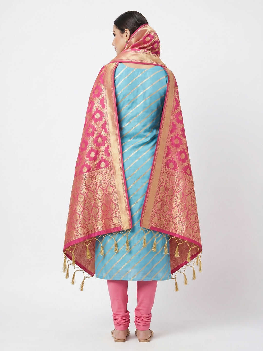 Sky Blue Festive Wear Lehriya Designer Woven Banarasi Silk Dress Material - Image 2