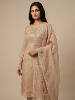 Beige Embroidered Organza Dress Material - Image 1