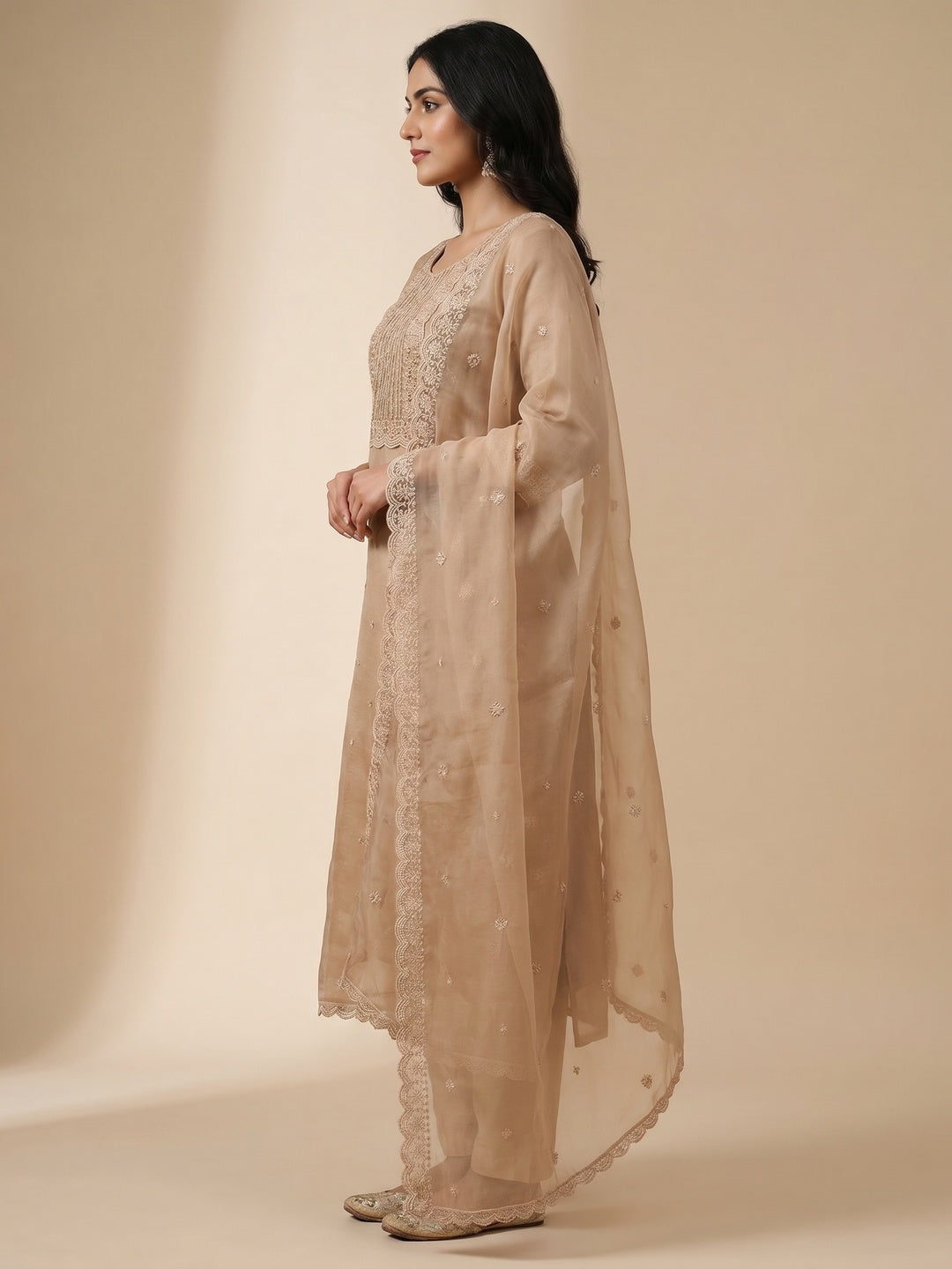 Beige Embroidered Organza Dress Material - Image 3