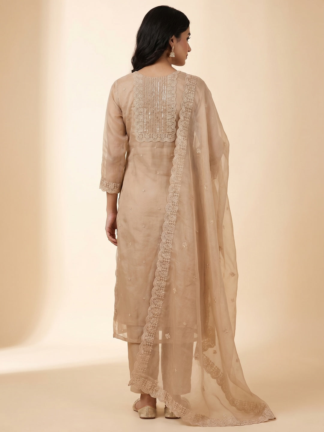 Beige Embroidered Organza Dress Material - Image 2