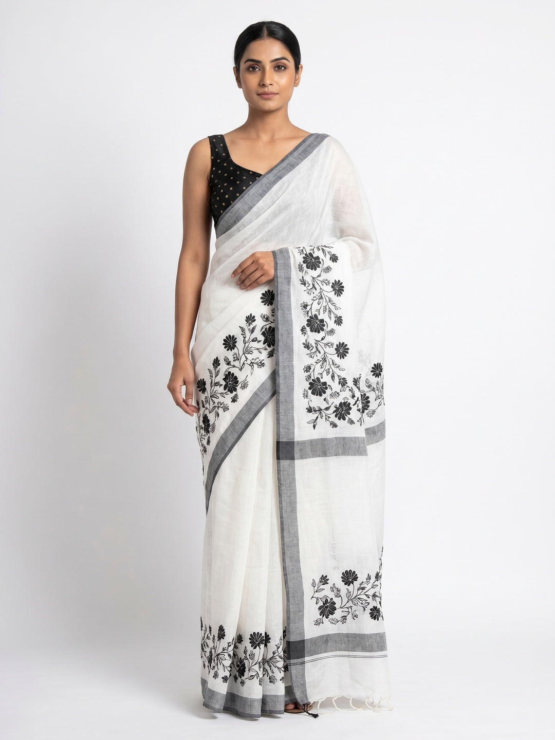 White Casual Wear Floral Embroidered Linen Saree - Image 1