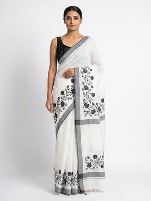 White Casual Wear Floral Embroidered Linen Saree - Image 1