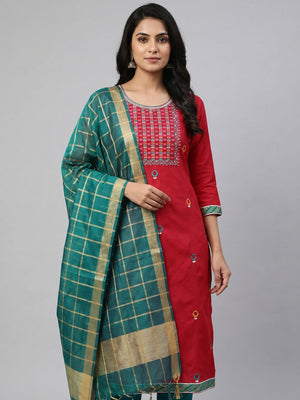 Red Festive Wear Floral Embroidered Cotton Dress Material - Image 1