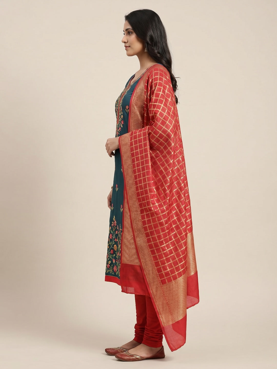 More Peach Festive Wear Floral Embroidered Cotton Dress Material - Image 2