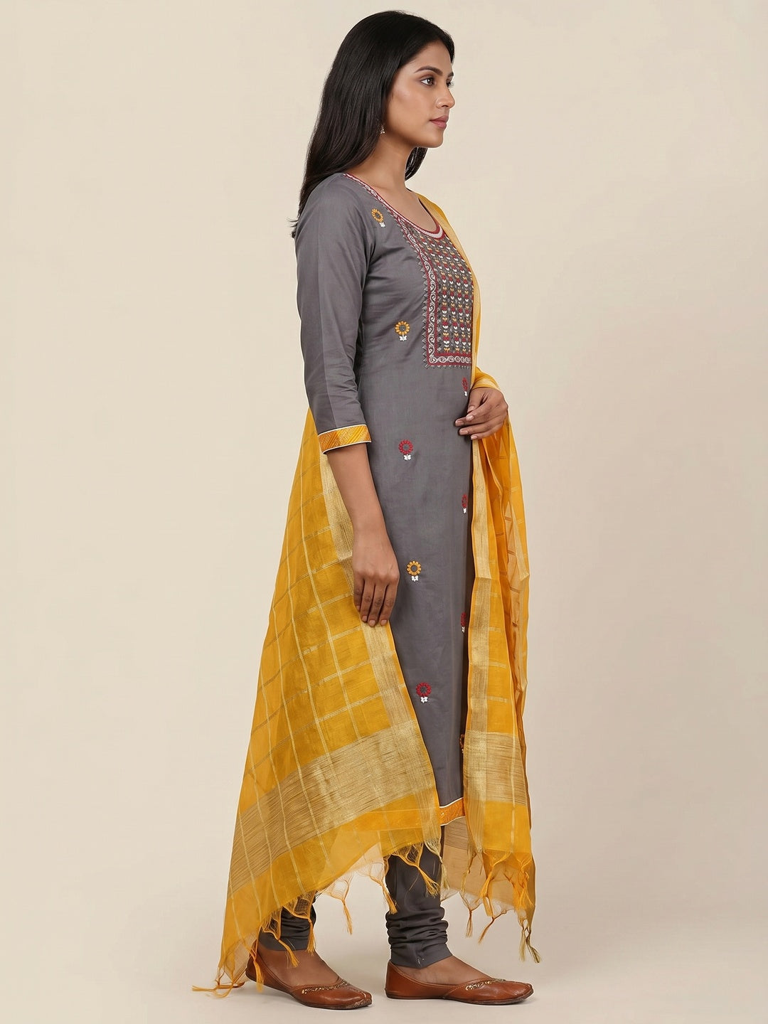 Grey Festive Wear Floral Embroidered Cotton Dress Material - Image 2
