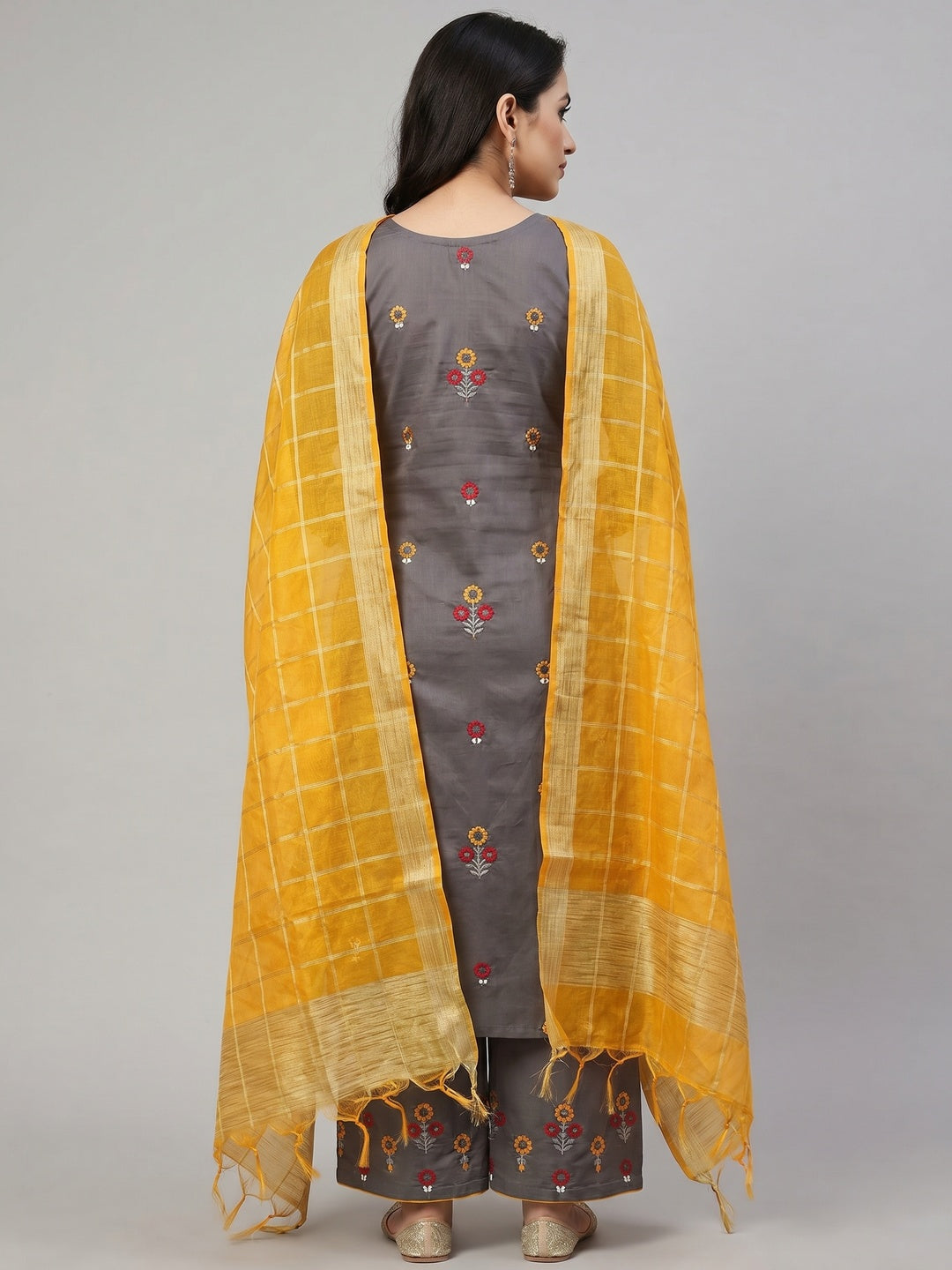 Grey Festive Wear Floral Embroidered Cotton Dress Material - Image 3