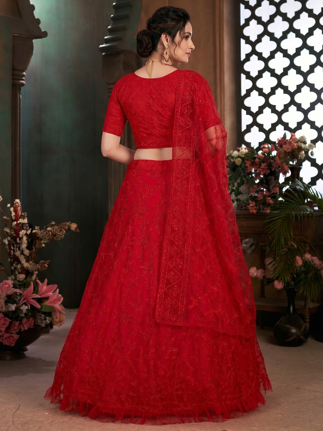 Red Festive Wear Thread Embroidered Net Lehenga Choli - Image 1