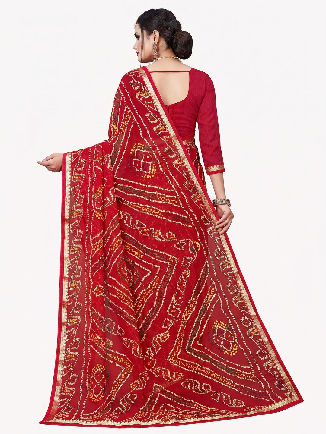 Red Festive  Wear Bandhani Printed Georgette Saree With Lace Border - Model View 1