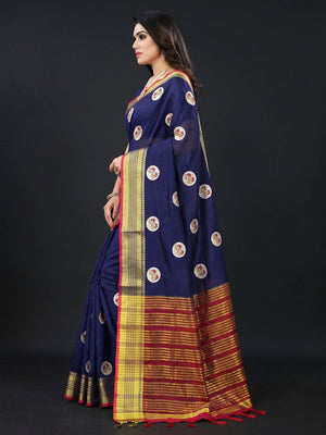Navy Blue Casual Wear Woven Chanderi Silk Saree - Image 2