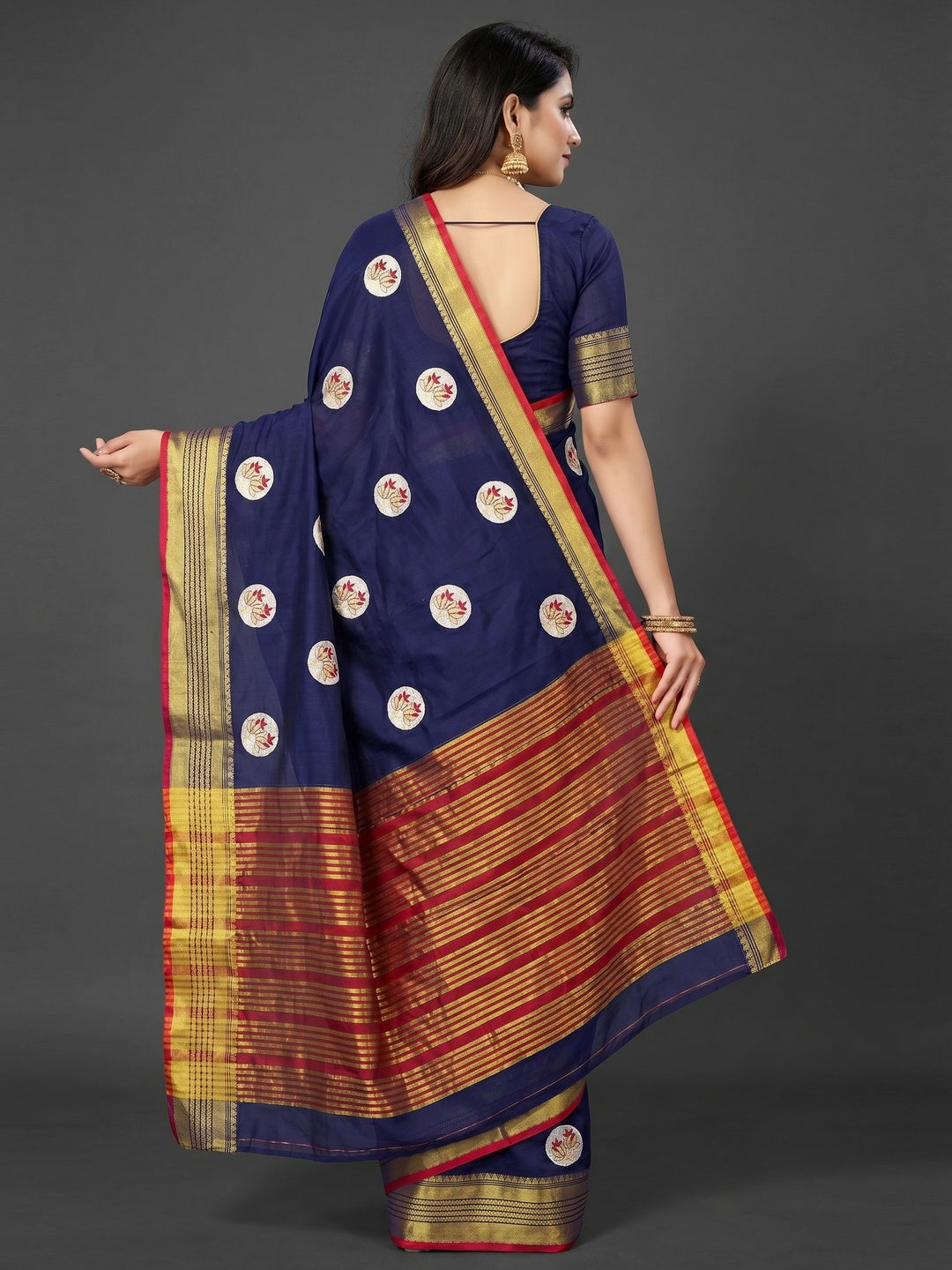 Navy Blue Casual Wear Woven Chanderi Silk Saree - Image 3