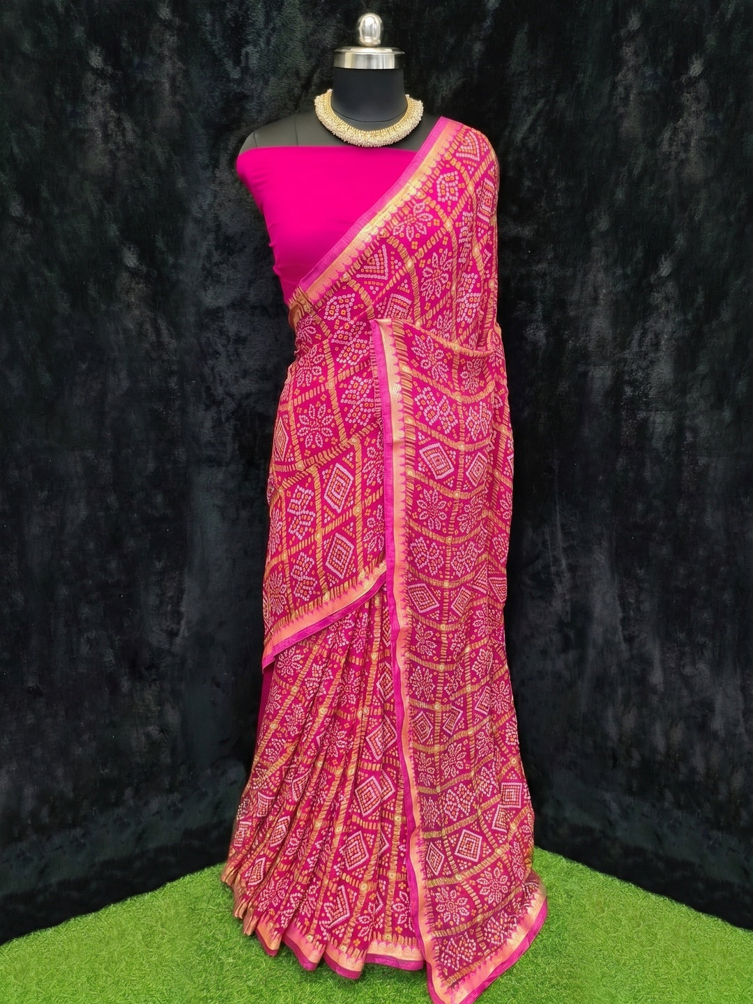 Dark Pink Festive Wear Bandhani Printed Georgette Saree With Lace Border - Image 1