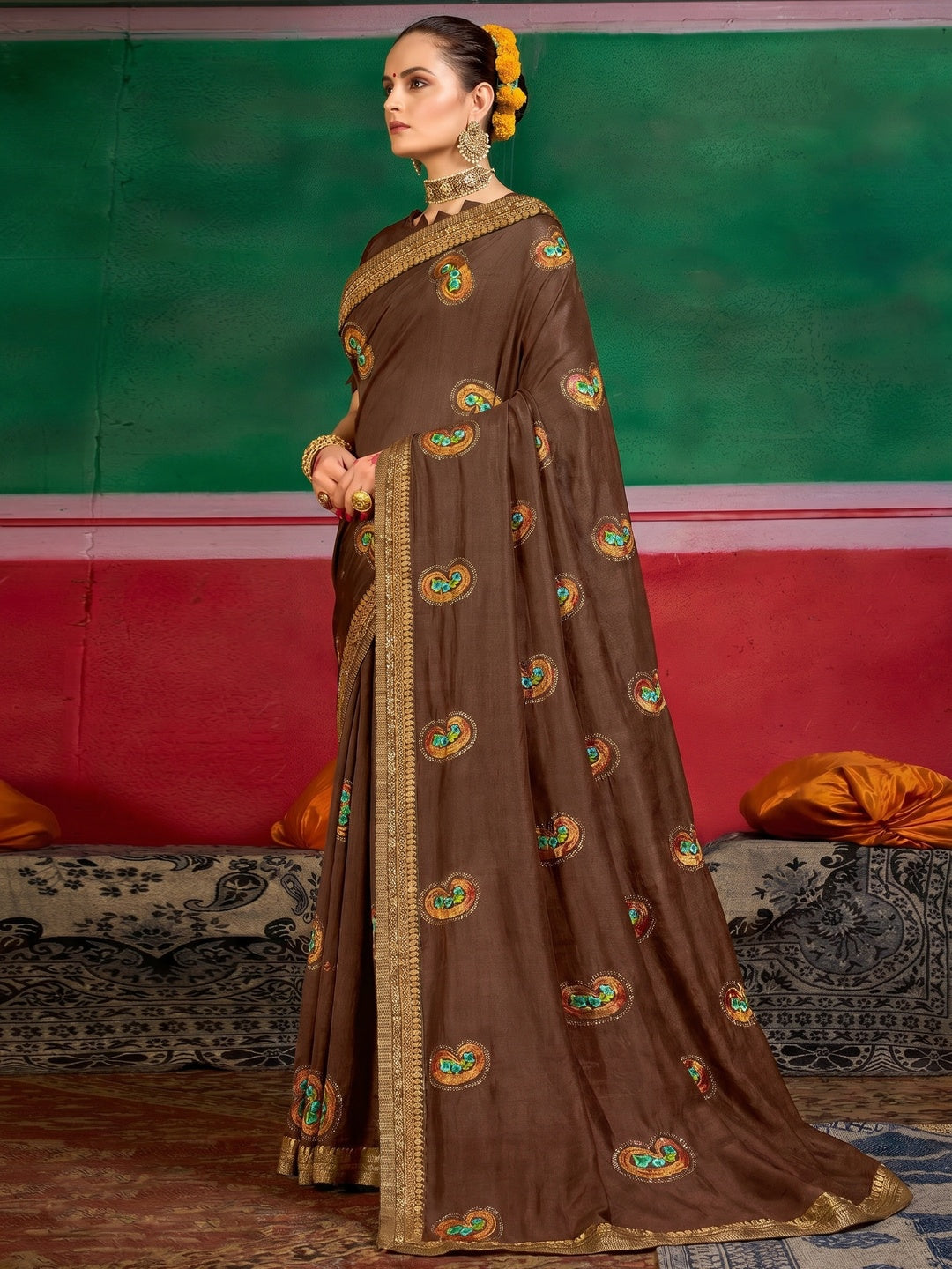 Brown Festive Wear Embroidered Dola Silk Saree - Image 2