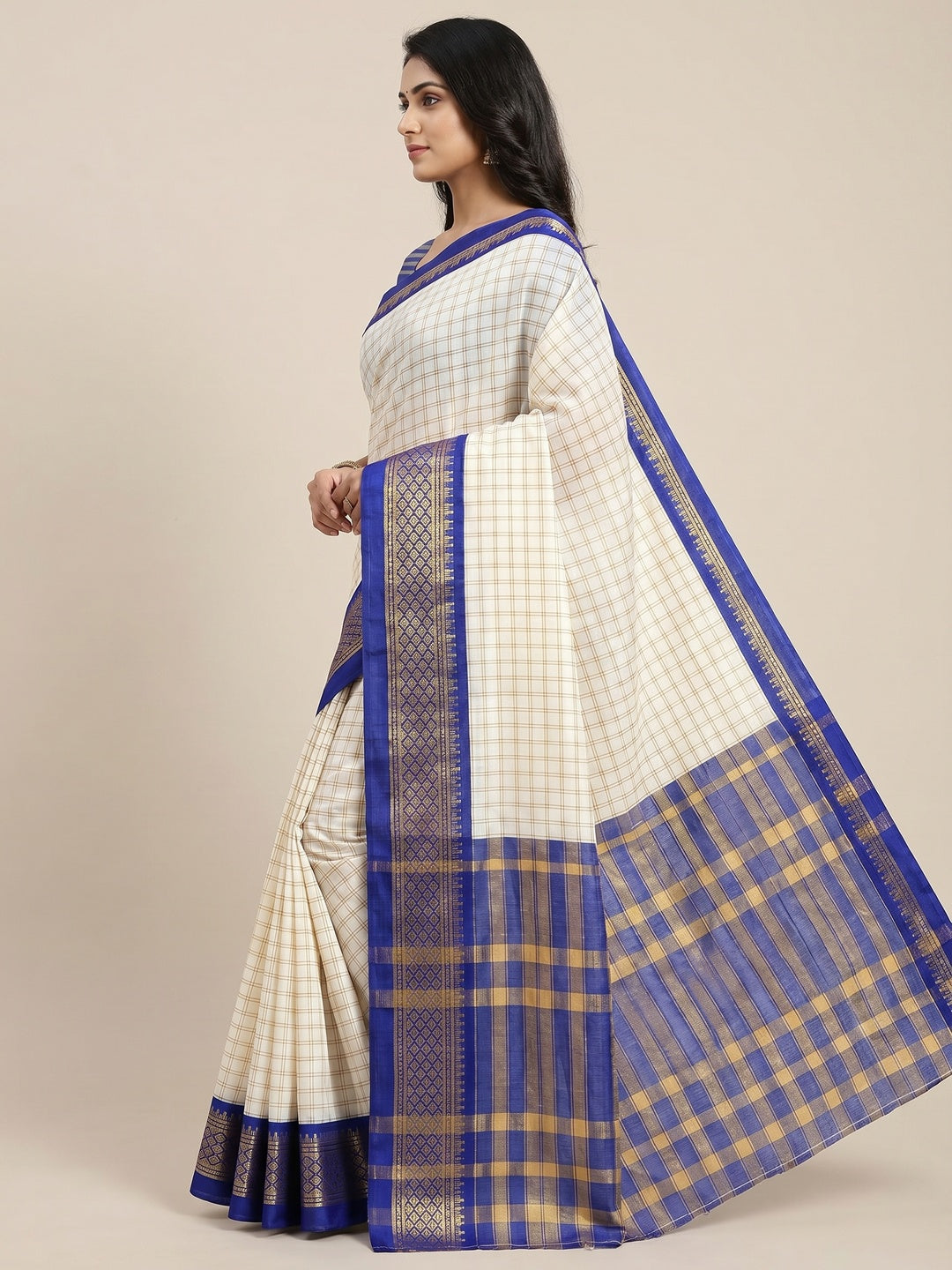 White & Royal Blue Checks With Woven Border Cotton Silk Saree - Image 2