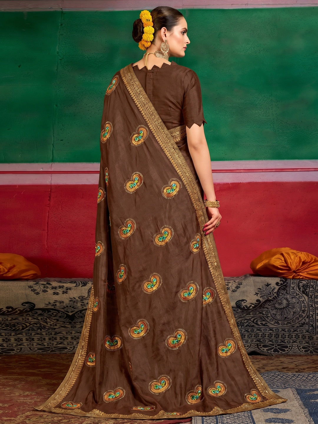 Brown Festive Wear Embroidered Dola Silk Saree - Image 1