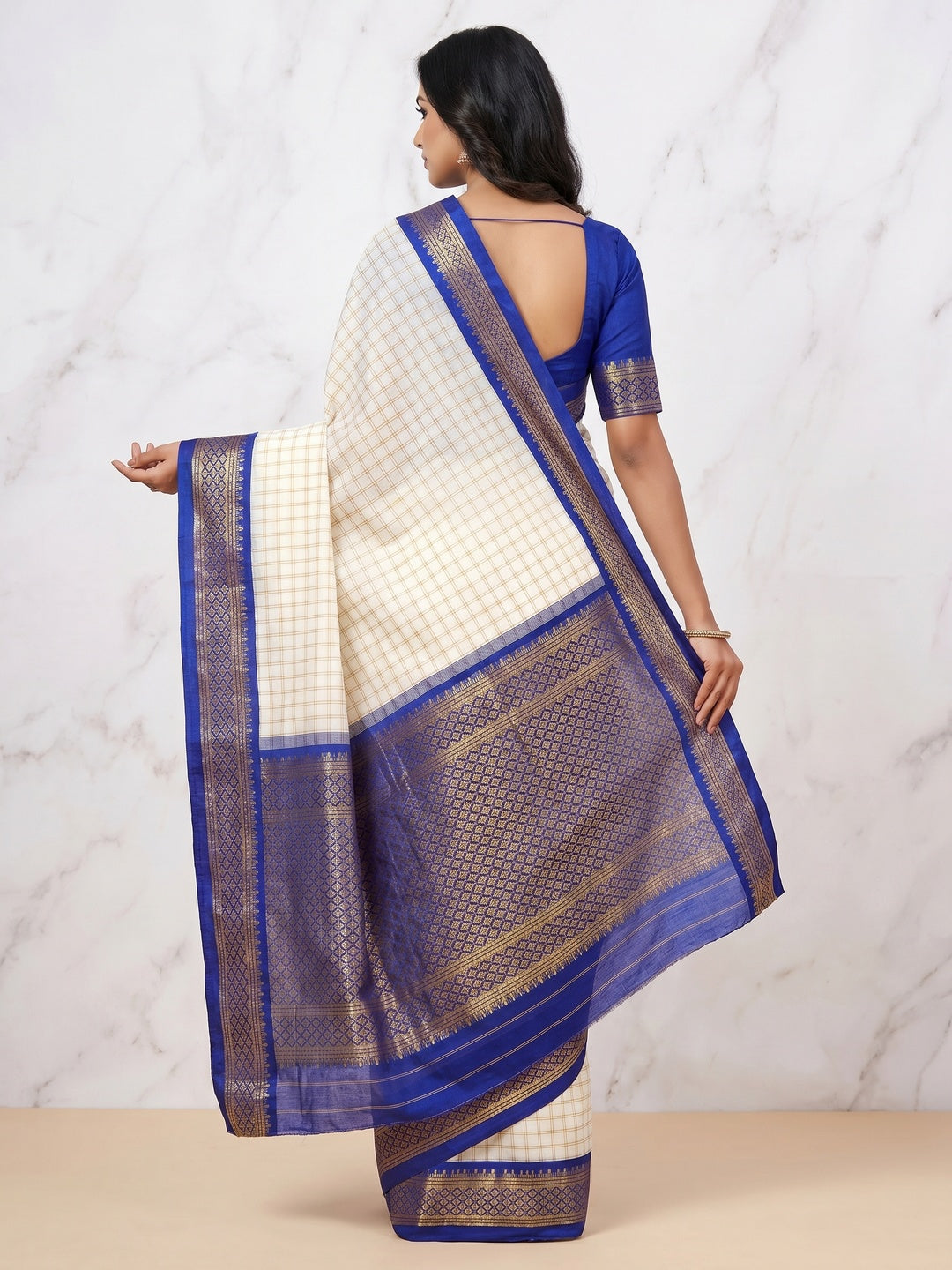 White & Royal Blue Checks With Woven Border Cotton Silk Saree - Image 3
