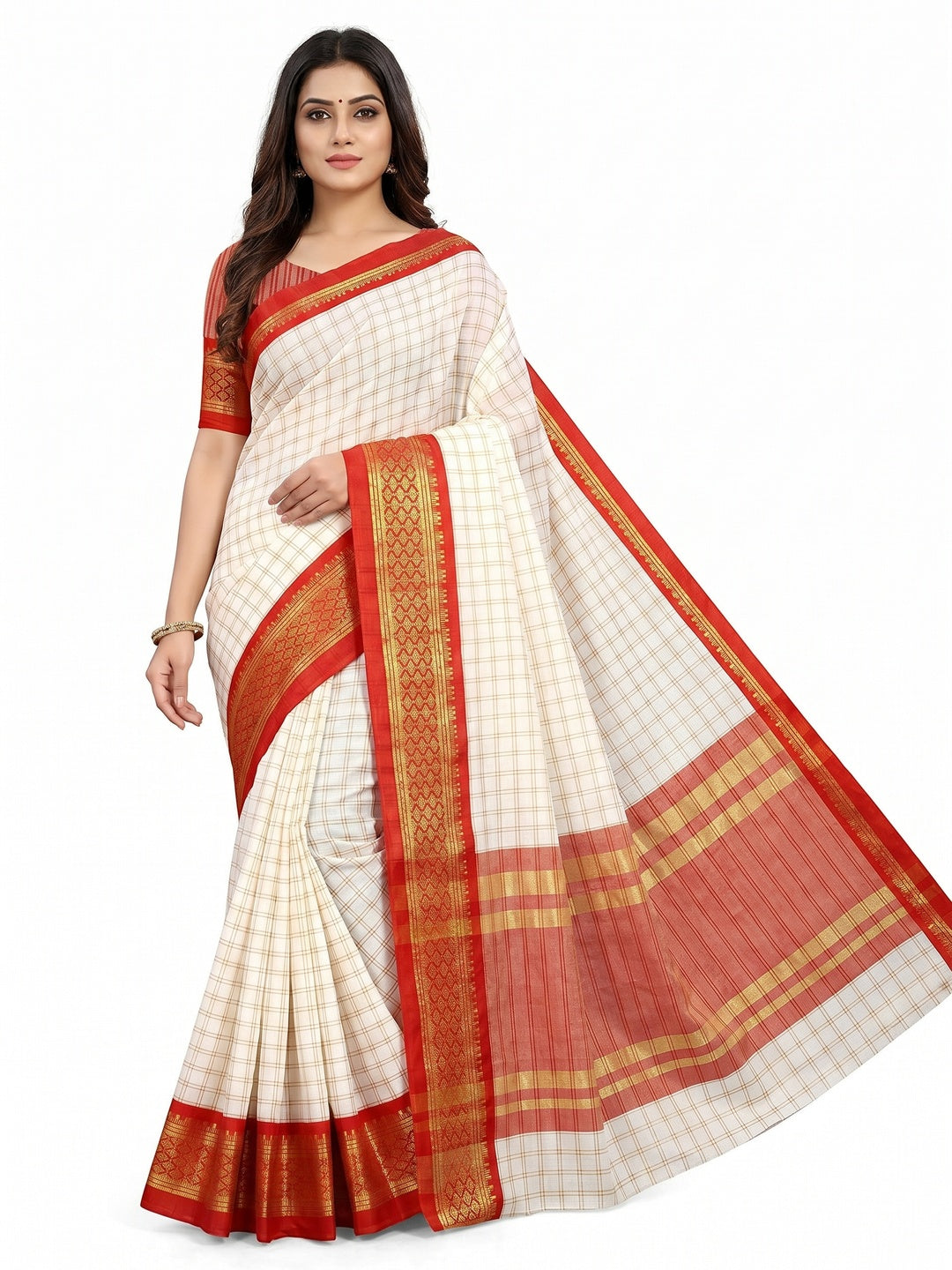 White And Red Checks With Woven Border Cotton Silk Saree - Image 1