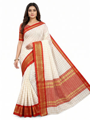 White And Red Checks With Woven Border Cotton Silk Saree - Image 1