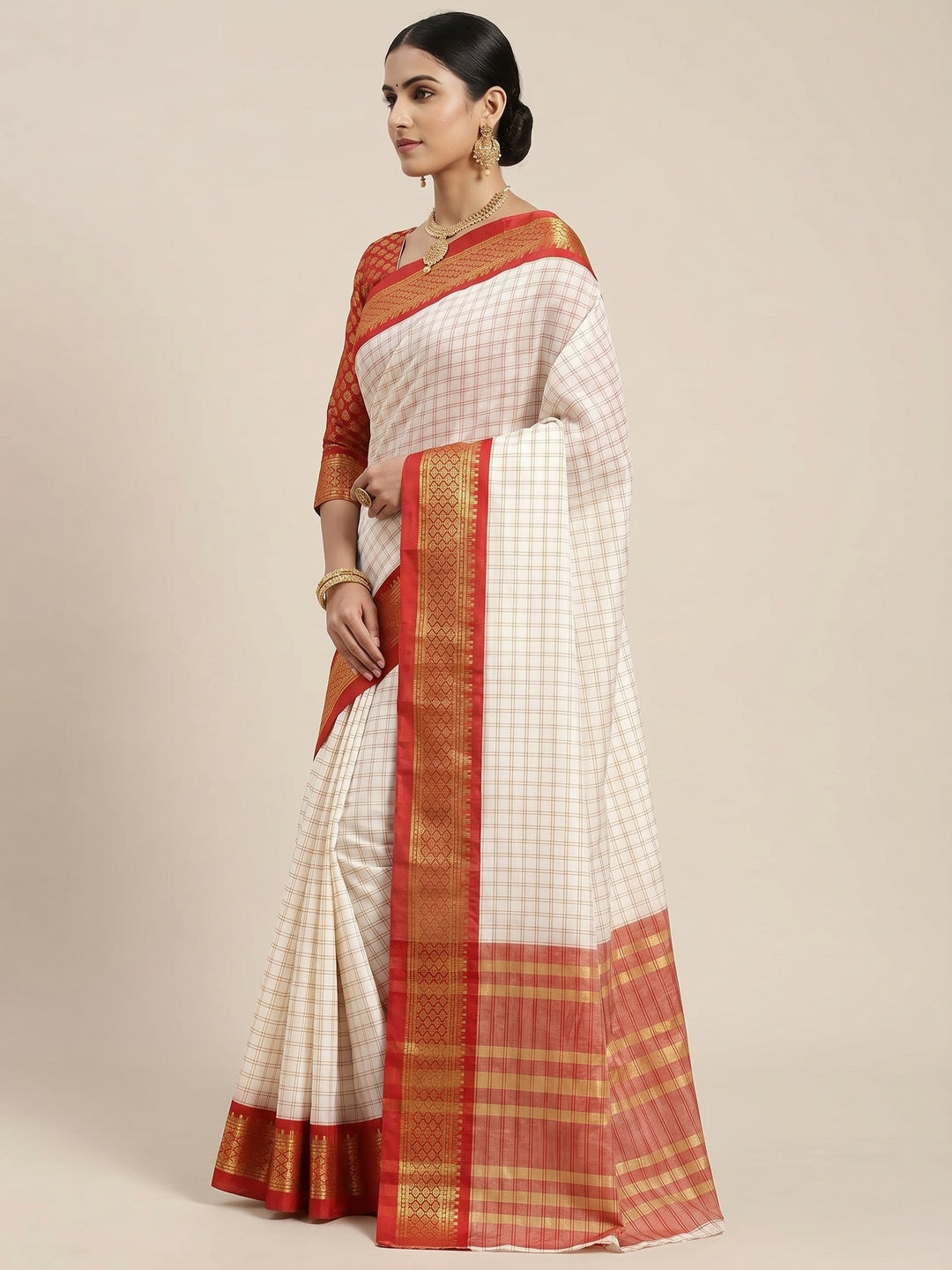 White And Red Checks With Woven Border Cotton Silk Saree - Image 3