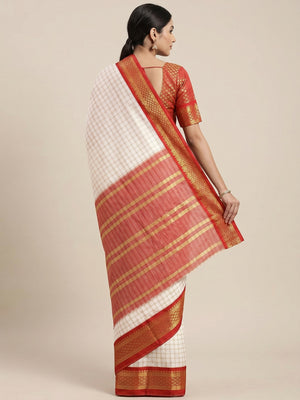 White And Red Checks With Woven Border Cotton Silk Saree - Image 2