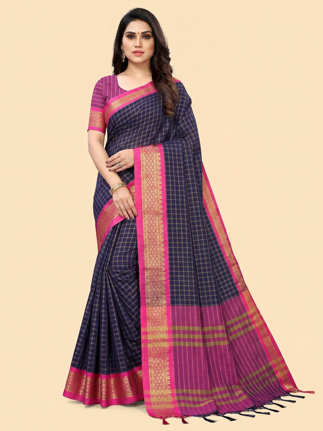 Navy Blue Festive Wear Checks With Woven Border Cotton Silk Saree - Image 1