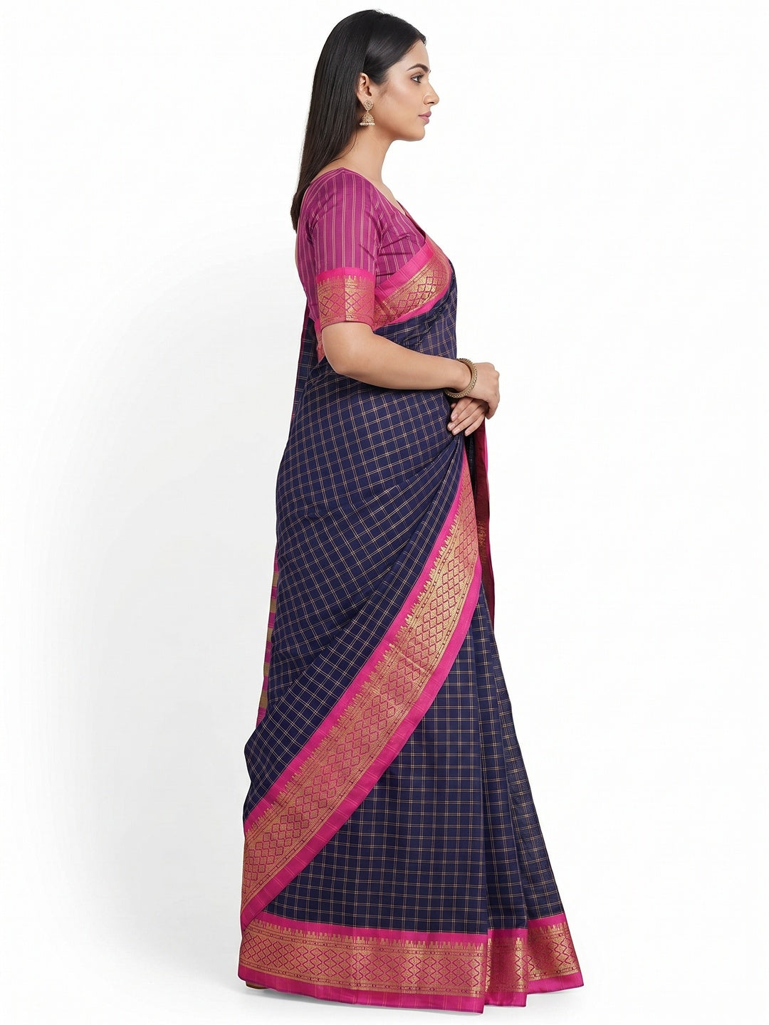 Navy Blue Festive Wear Checks With Woven Border Cotton Silk Saree - Image 2