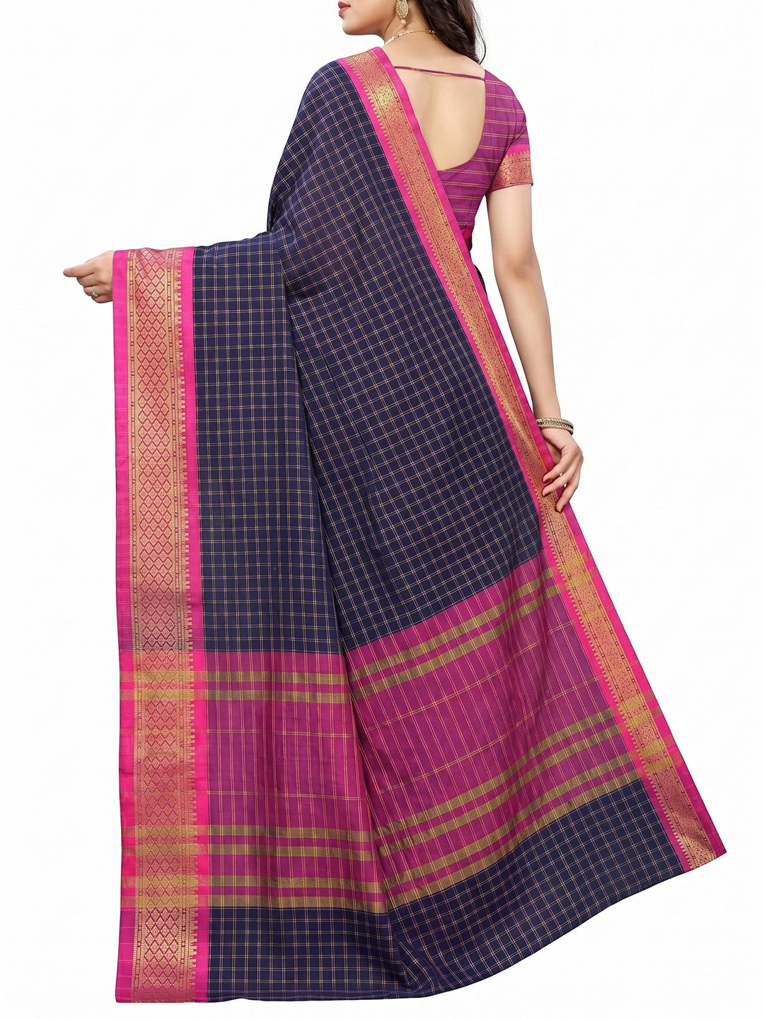 Navy Blue Festive Wear Checks With Woven Border Cotton Silk Saree - Image 3