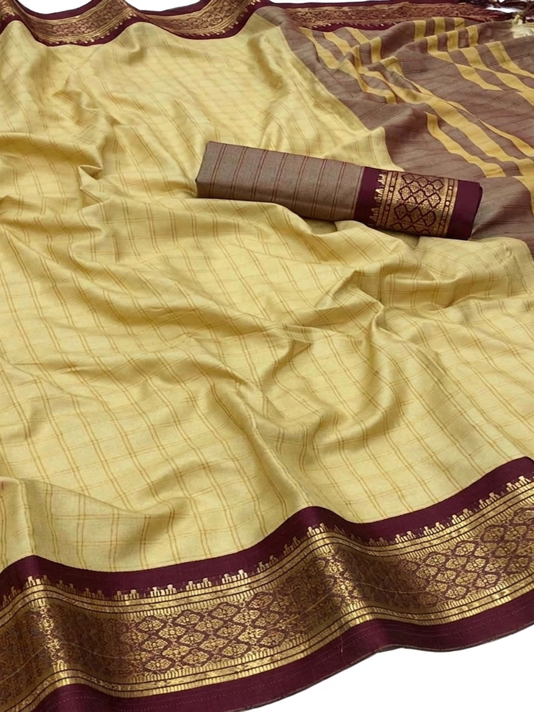 Chikoo Festive Wear Checks With Woven Border Cotton Silk Saree - Image 4