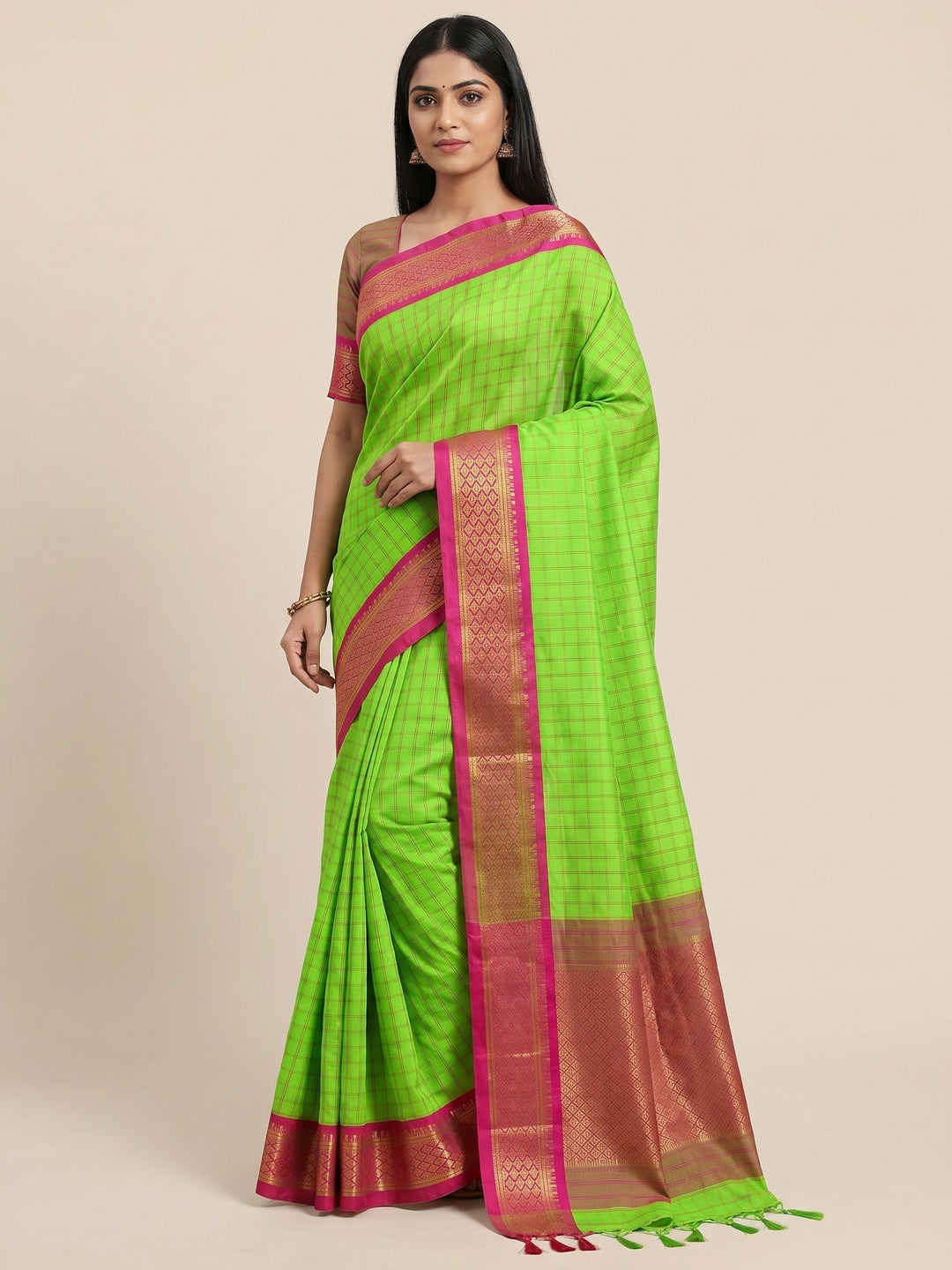 Parrot Green Festive Wear Checks With Woven Border Cotton Silk Saree - Image 1