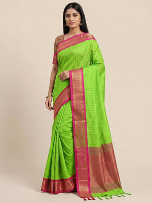 Parrot Green Festive Wear Checks With Woven Border Cotton Silk Saree - Image 1