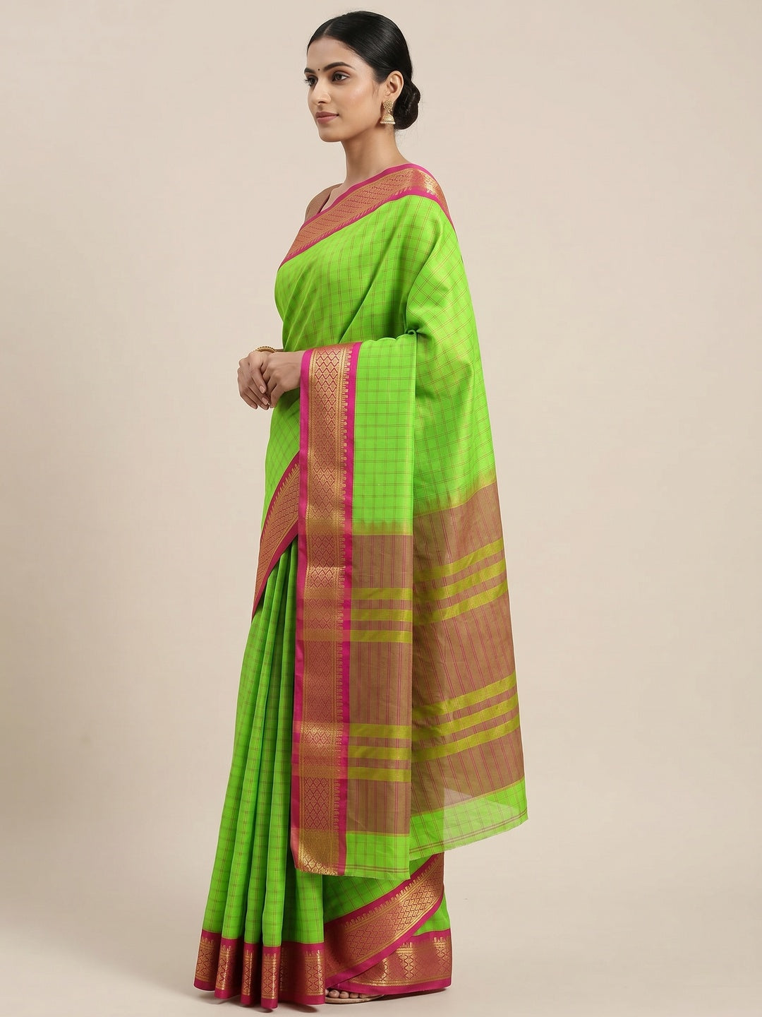 Parrot Green Festive Wear Checks With Woven Border Cotton Silk Saree - Image 2
