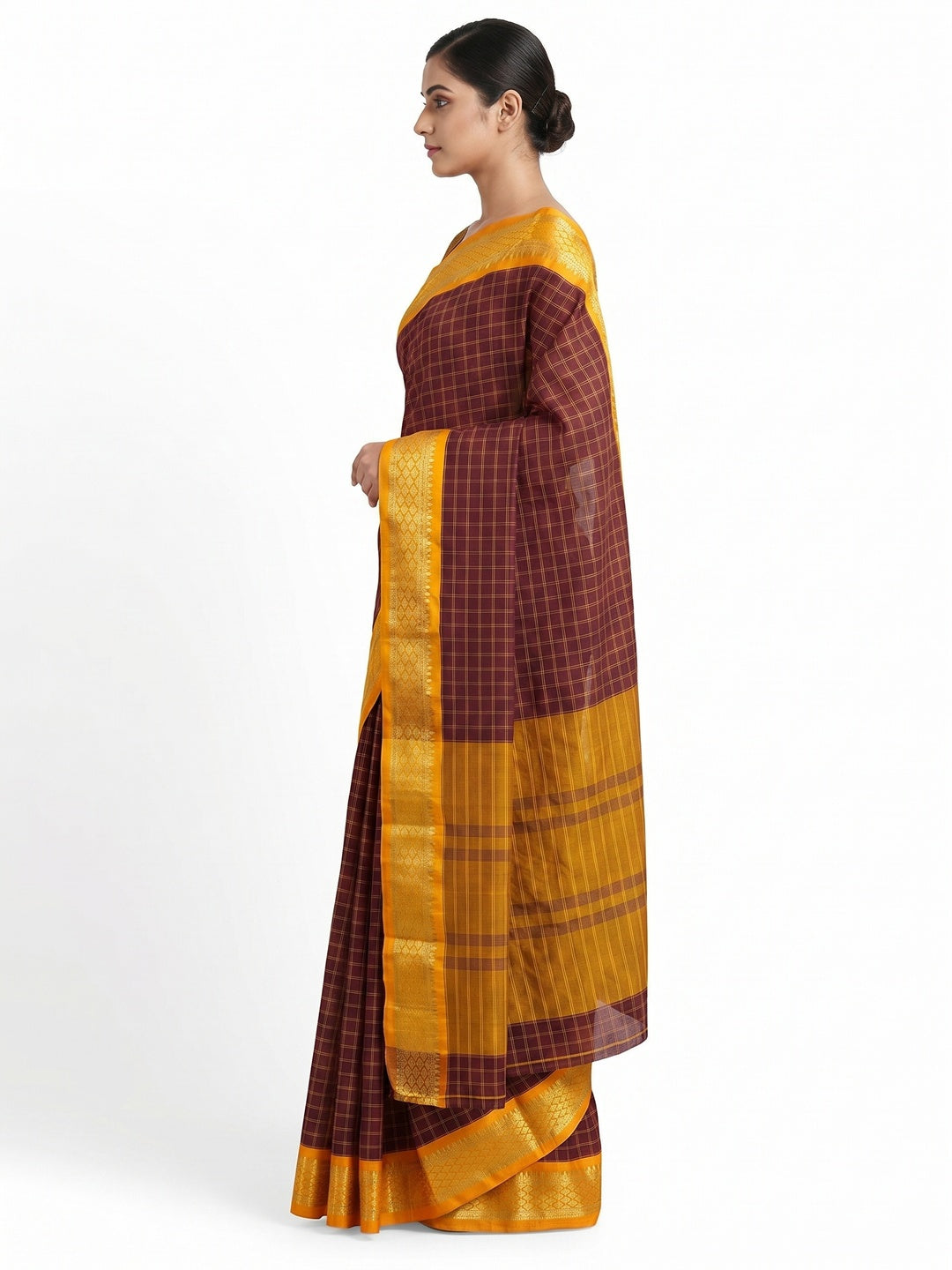 Coffee Festive Wear Checks With Woven Border Cotton Silk Saree - Image 2