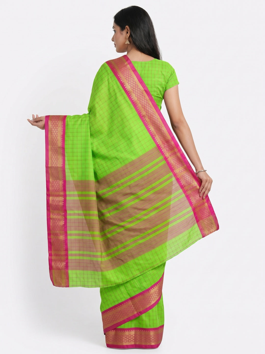 Parrot Green Festive Wear Checks With Woven Border Cotton Silk Saree - Image 3