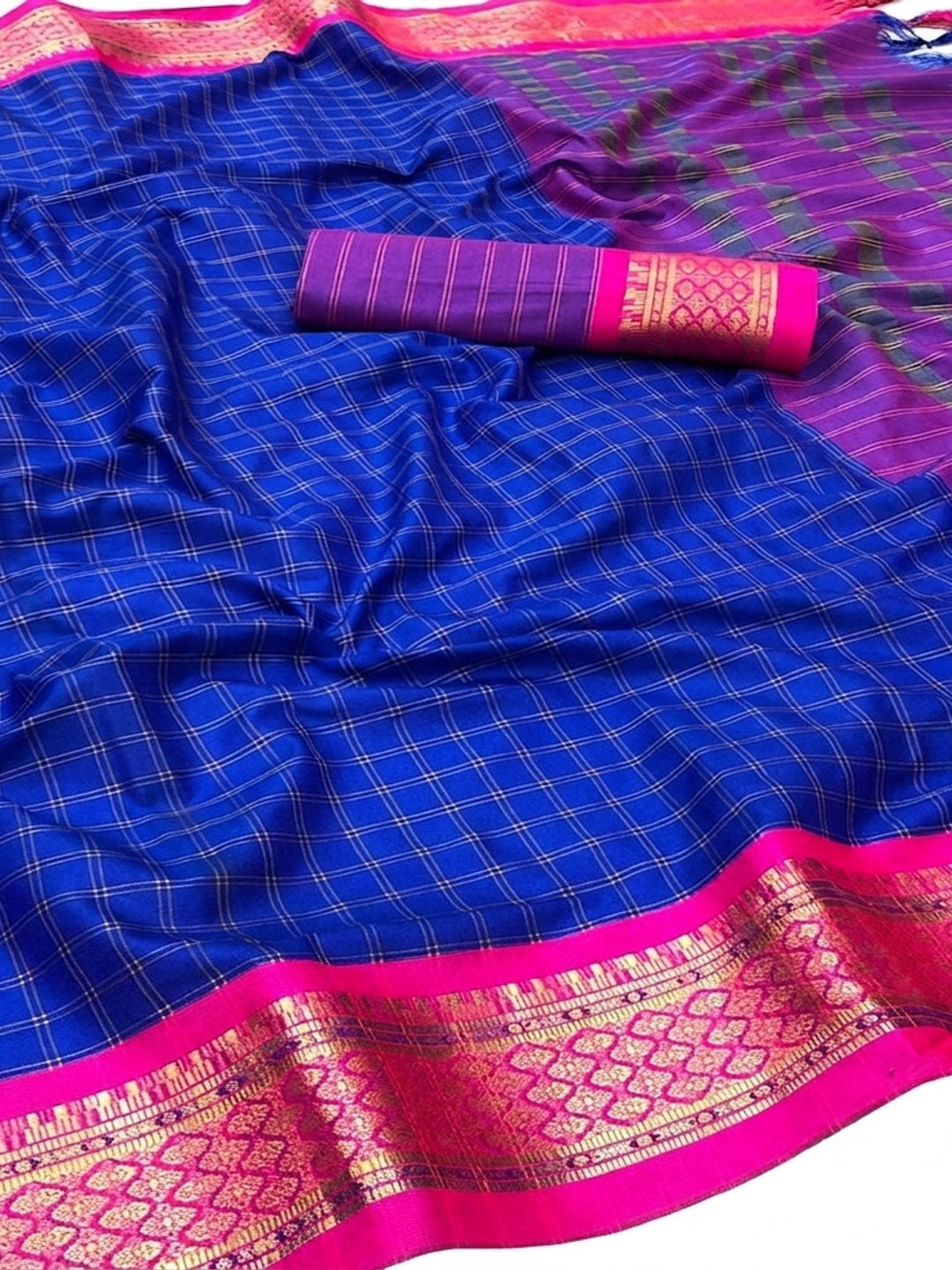 Royal Blue Festive Wear Checks With Woven Border Cotton Silk Saree - Image 1