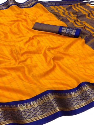 Gold Festive Wear Checks With Woven Border Cotton Silk Saree - Image 1