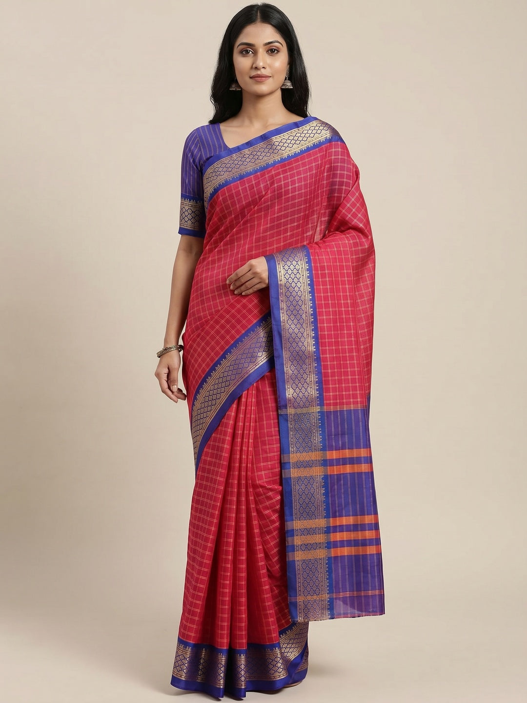 Kumkum Red Festive Wear Checks With Woven Border Cotton Silk Saree - Image 1