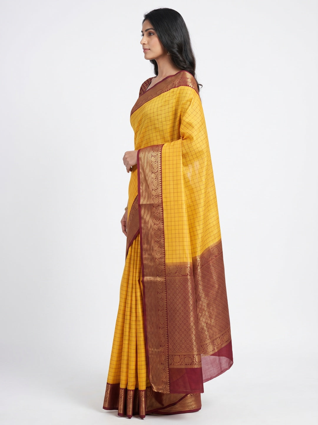 Yellow Festive Wear Checks With Woven Border Cotton Silk Saree - Image 3